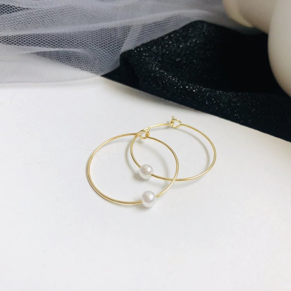 14k Gold Pearl Hoop Earrings - Picture 3 of 5